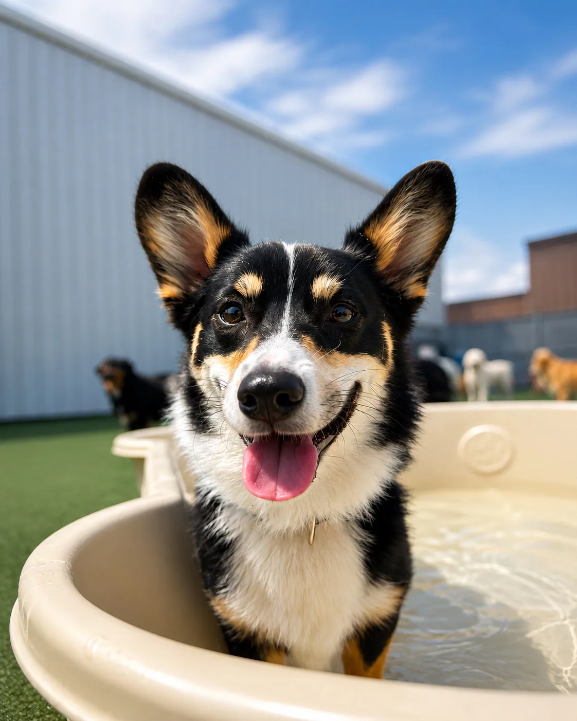A happy black, white, and tan dog standing in a splash pool at Jollytails