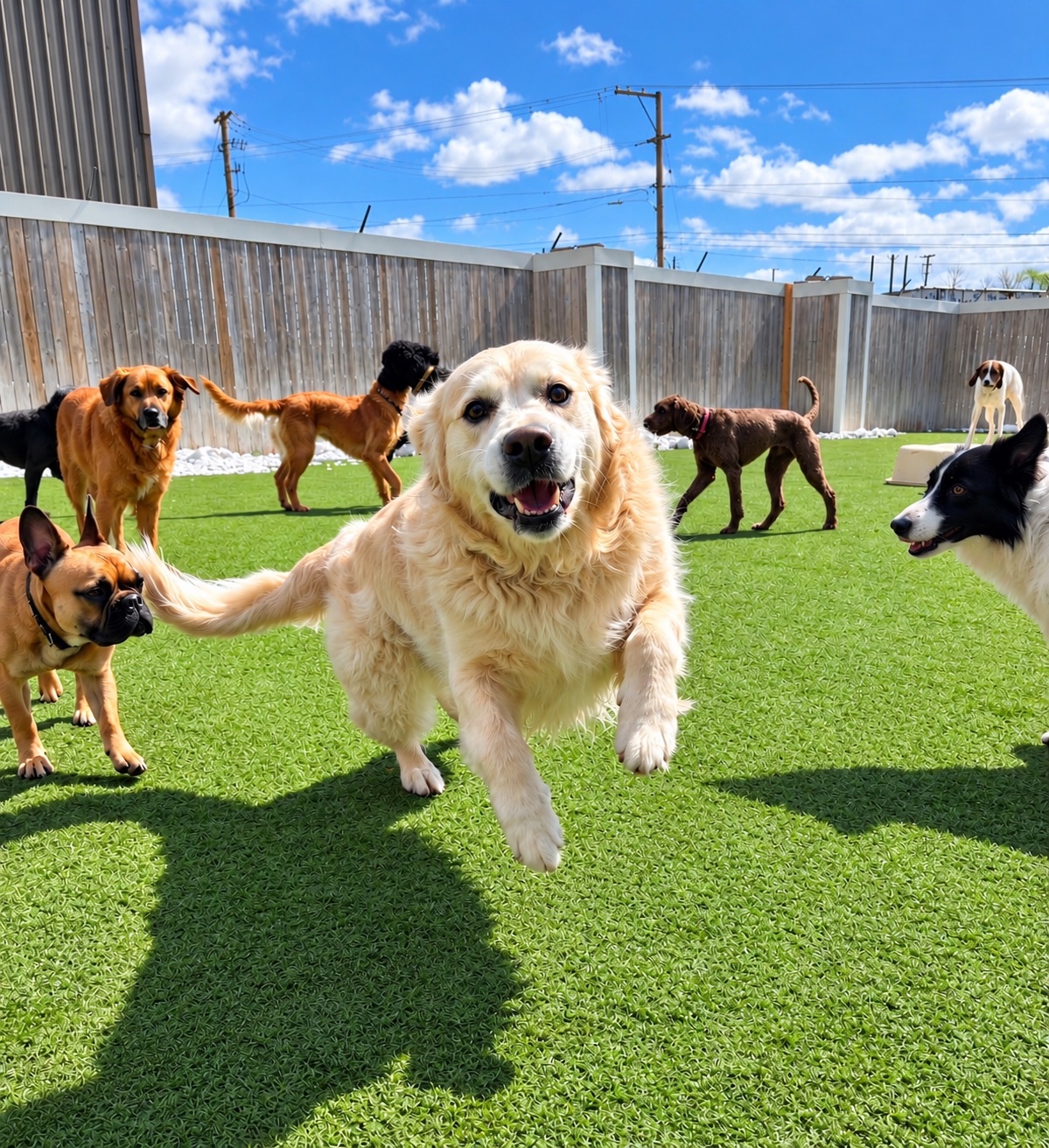 A happy white dog running toward the camera while other dogs play across the outdoor turf