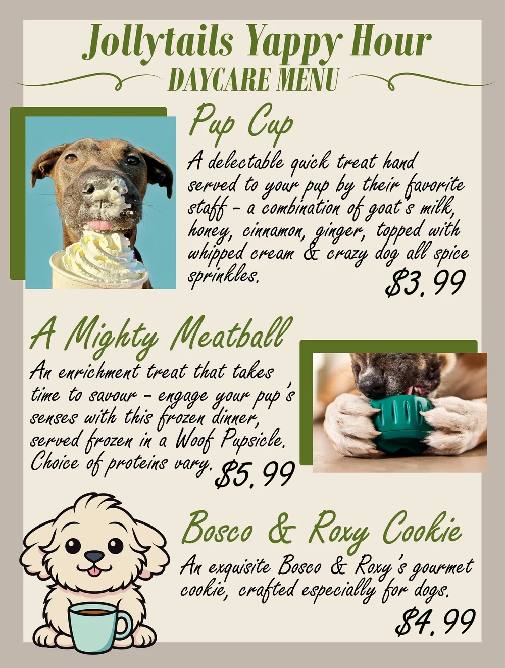 Jollytails Yappy Hour daycare menu featuring a Pup Cup, Mighty Meatball, and Bosco and Roxy Cookie