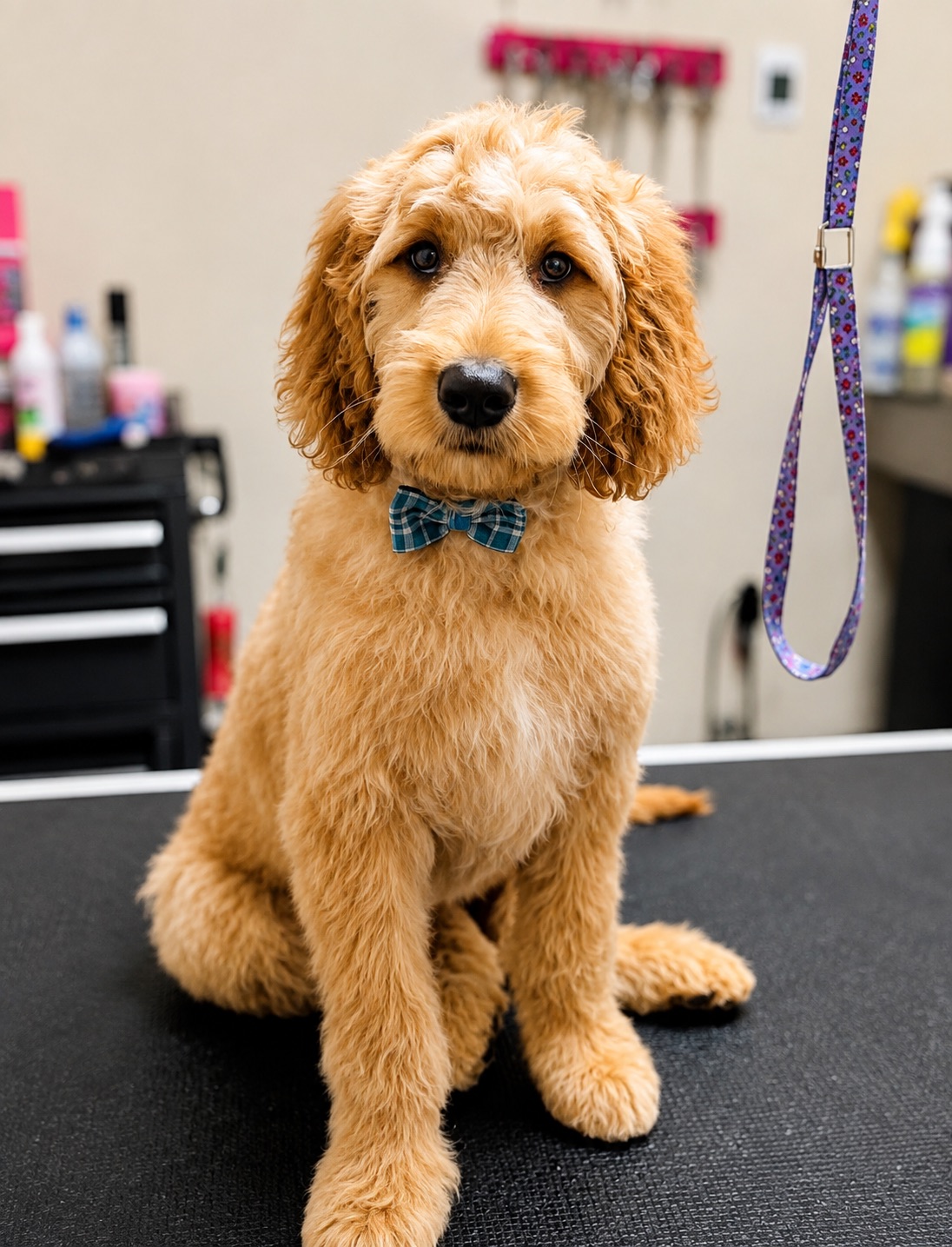 A freshly groomed cream-coloured dog wearing a blue bow tie