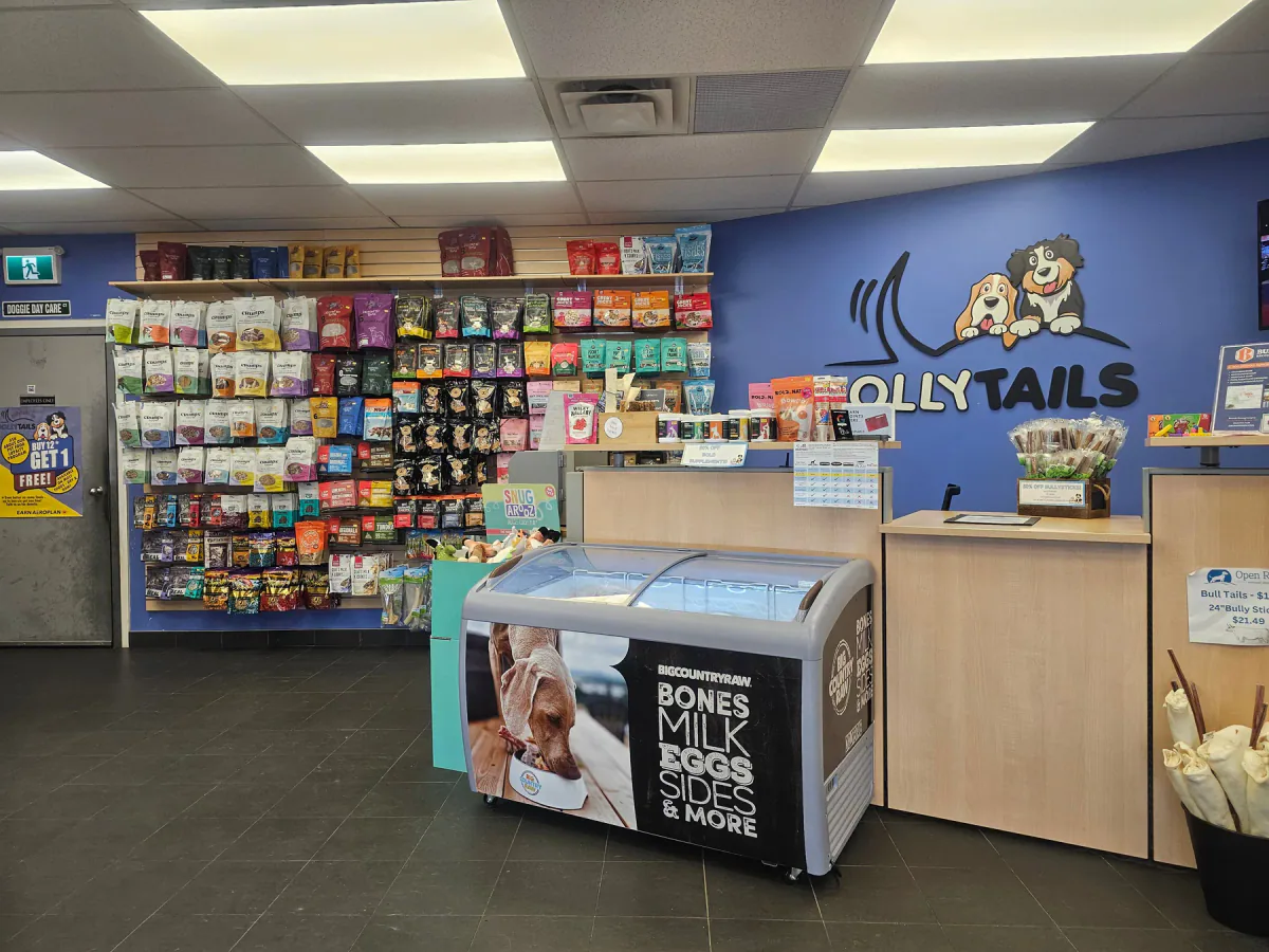 The Jollytails pet store counter, treat wall, and freezer section