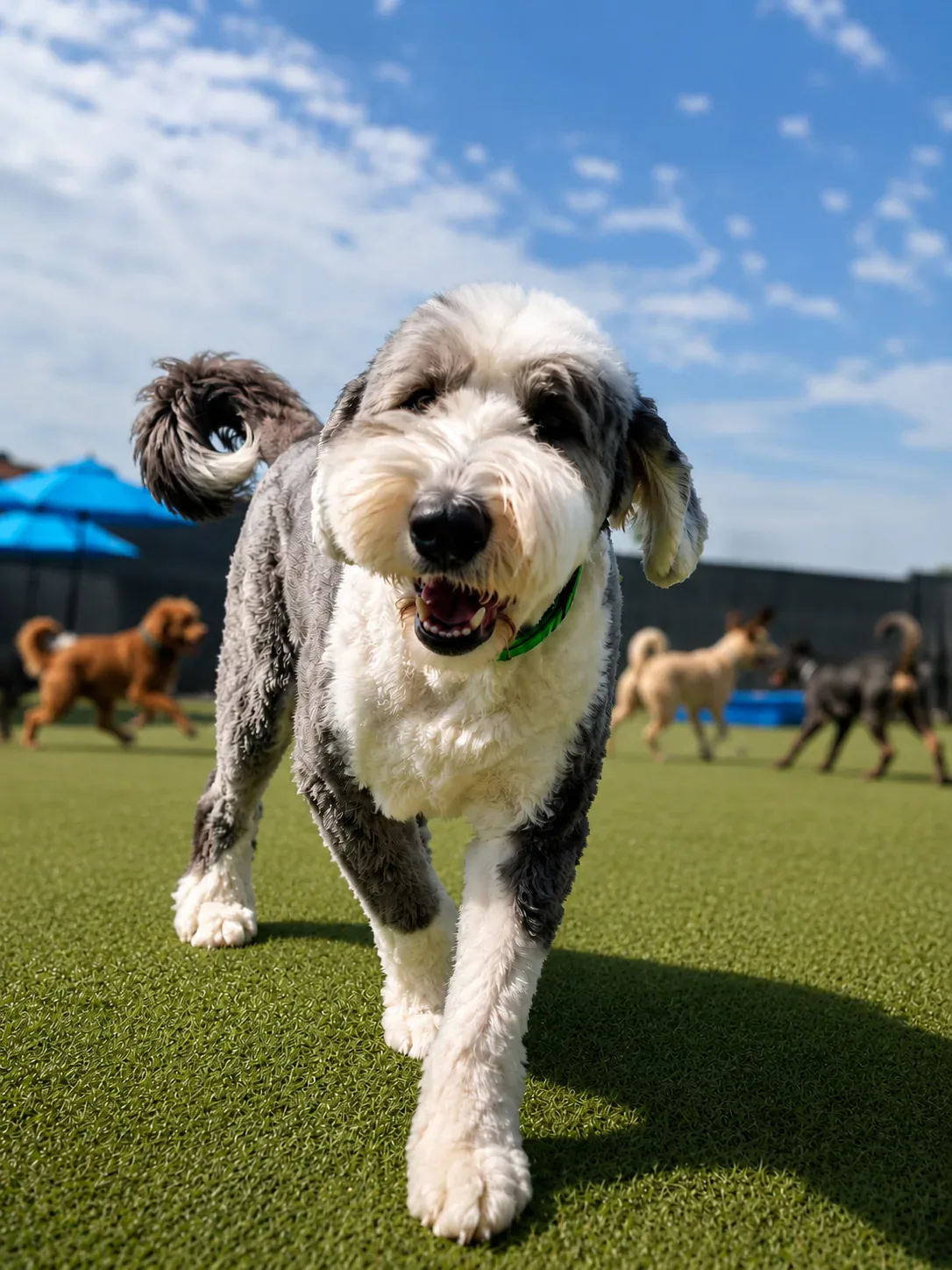 A happy black-and-white doodle walking toward the camera on outdoor turf
