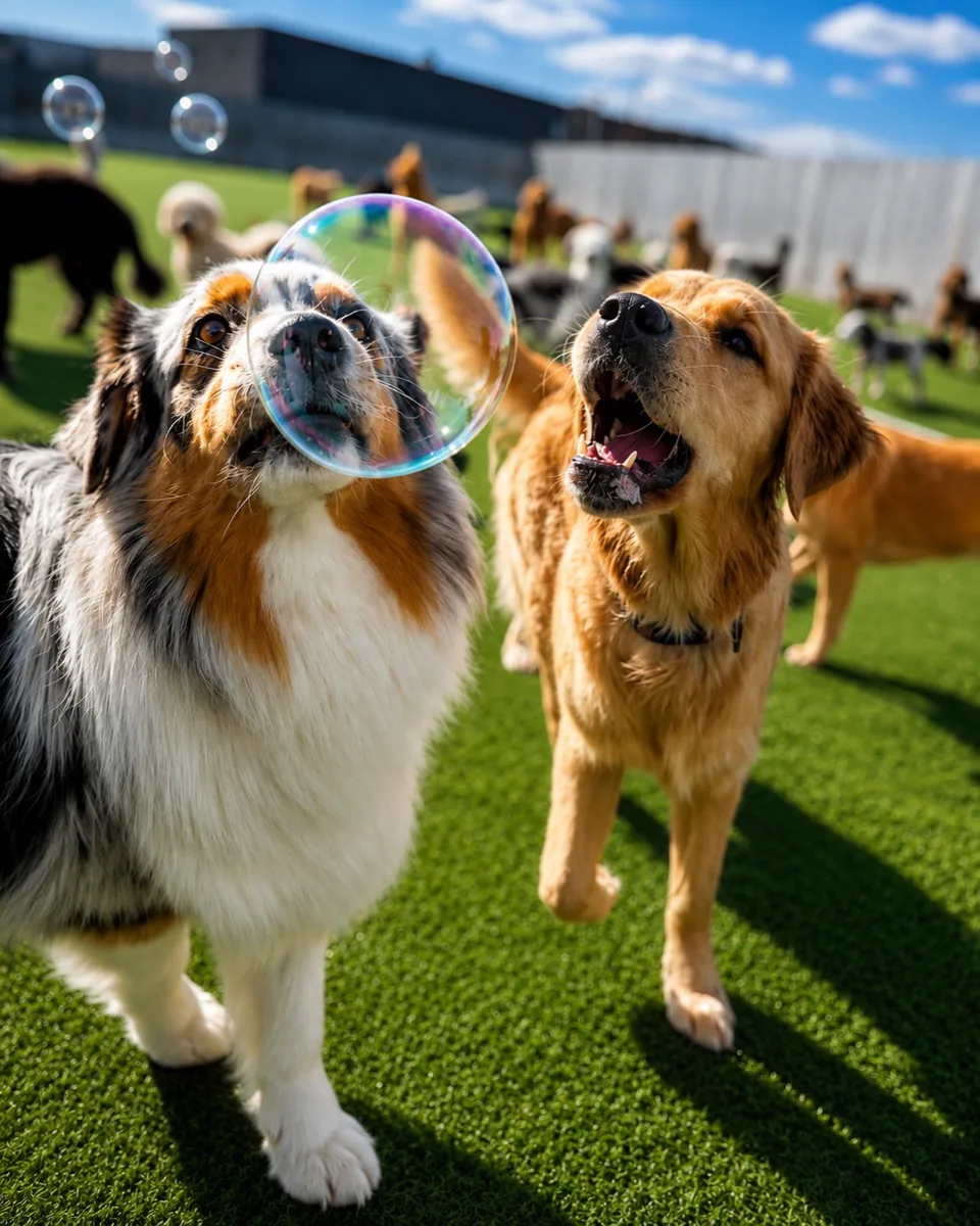 An Australian shepherd and golden retriever playing with bubbles in a sunny Jollytails daycare yard