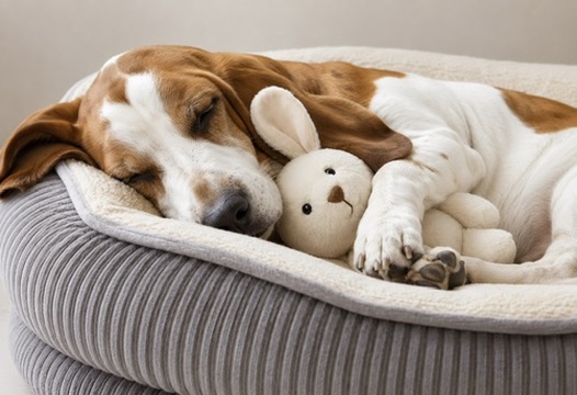 A sleeping dog cuddling a stuffed bunny in a cozy bed