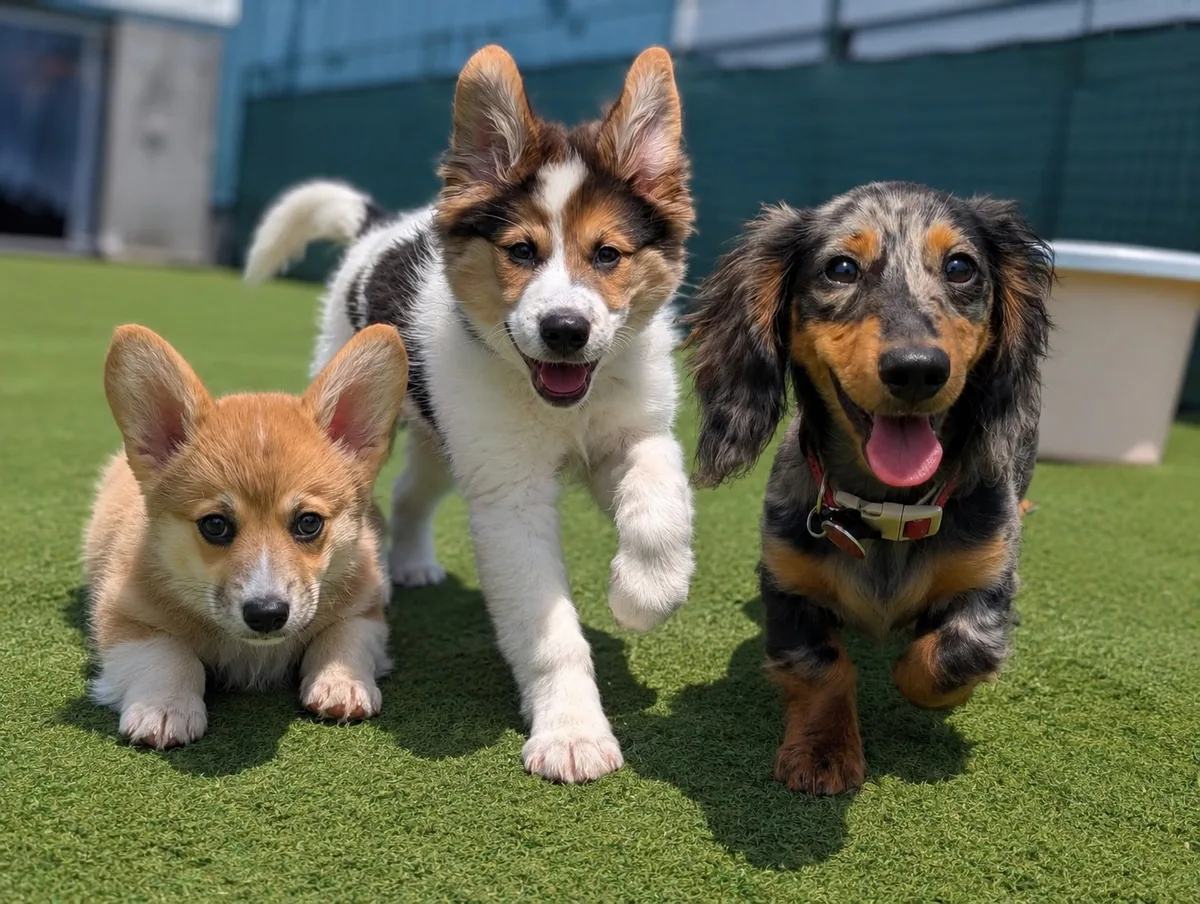 Three young puppies running together during a Jollytails Puppy Social
