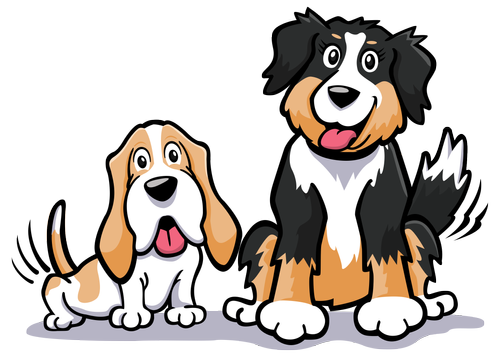 Cartoon illustrations of George and Freyja, the Jollytails founding dogs
