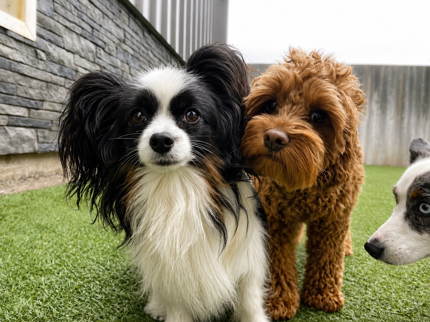 A Papillon and a small brown doodle standing together in the outdoor little-dog play area