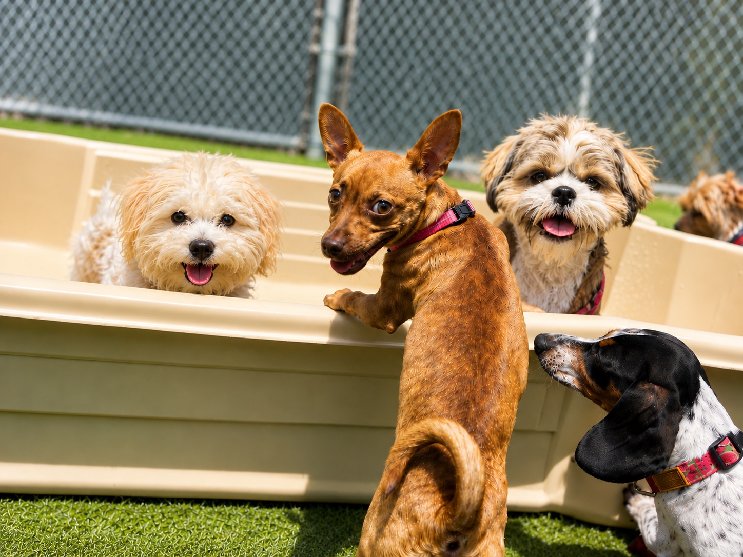 Small dogs of different breeds playing together at a Jollytails Little Dog Social