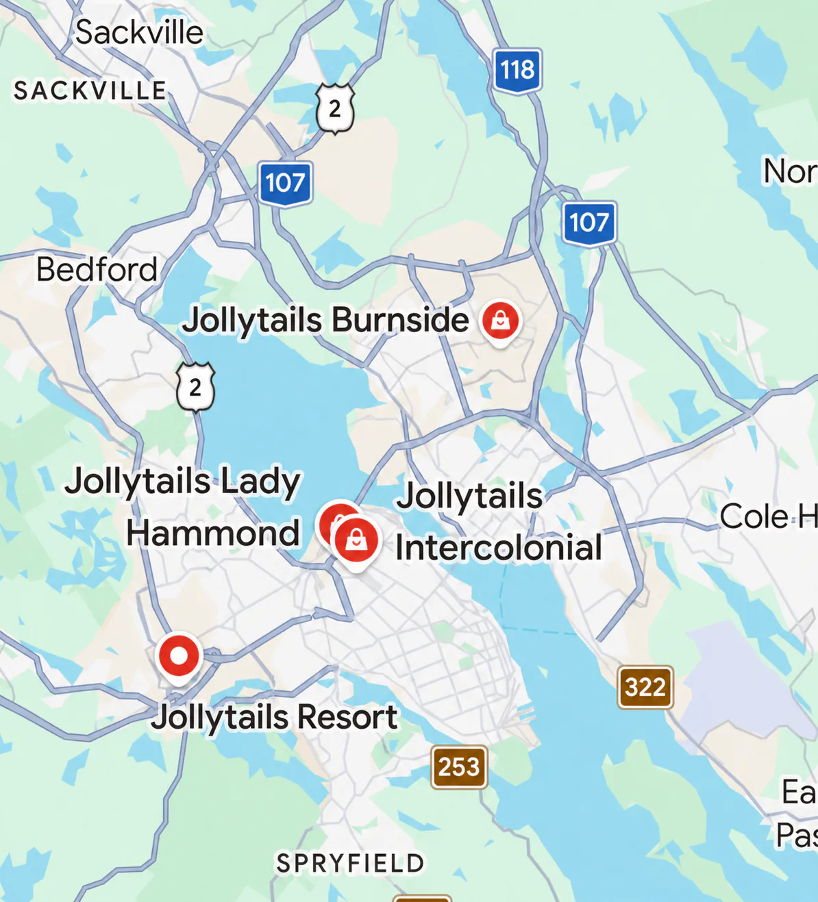 Map showing Jollytails locations throughout Halifax, Dartmouth and Bayers Lake