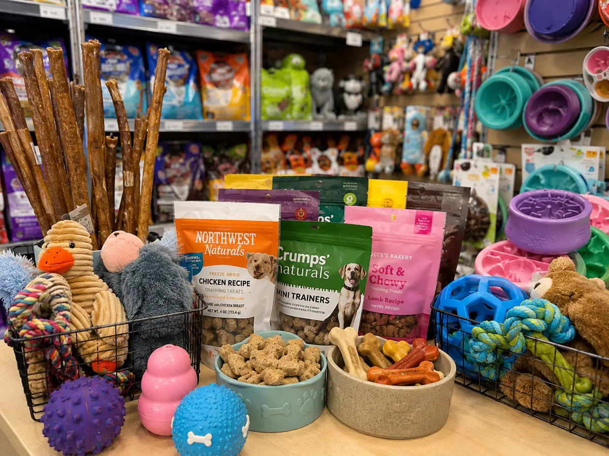 A colourful display of dog food, treats, toys, bowls, and accessories inside Jollytails