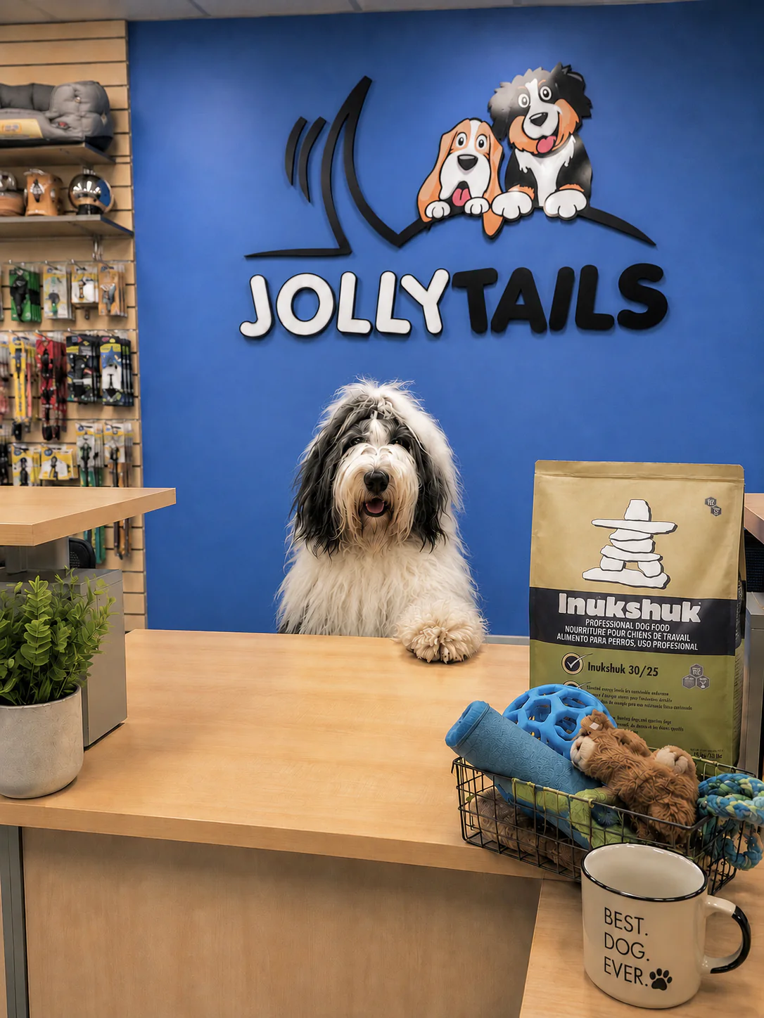A shaggy black-and-white dog welcoming shoppers from behind the counter beneath the Jollytails pet store logo