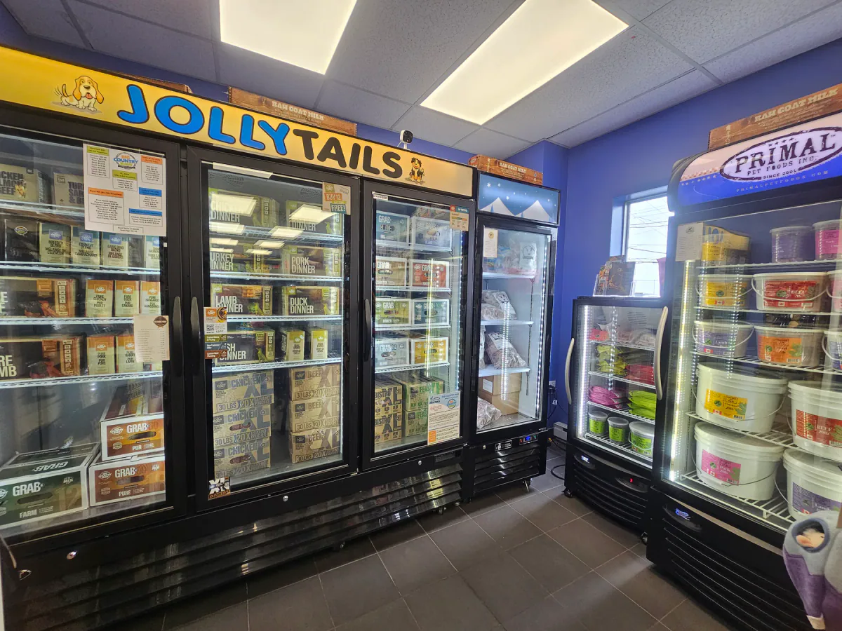 Jollytails freezers stocked with raw frozen dog food and treats