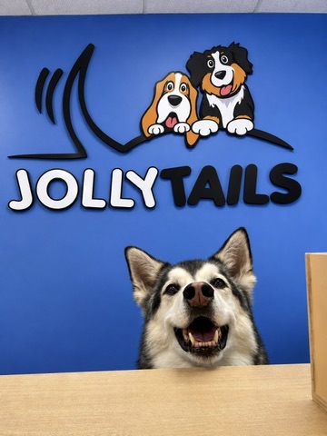 A smiling dog at the Jollytails front counter beneath the Jollytails logo