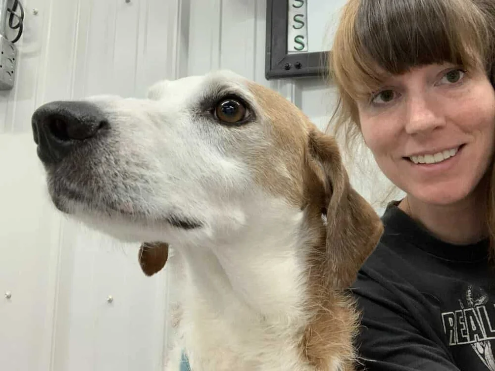 Alayna, a Jollytails groomer, with a dog