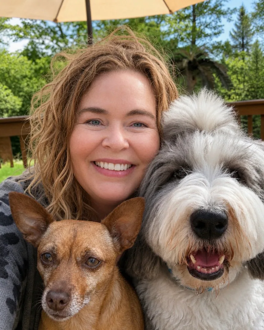Jollytails co-owner Pamela Smith smiling with two dogs
